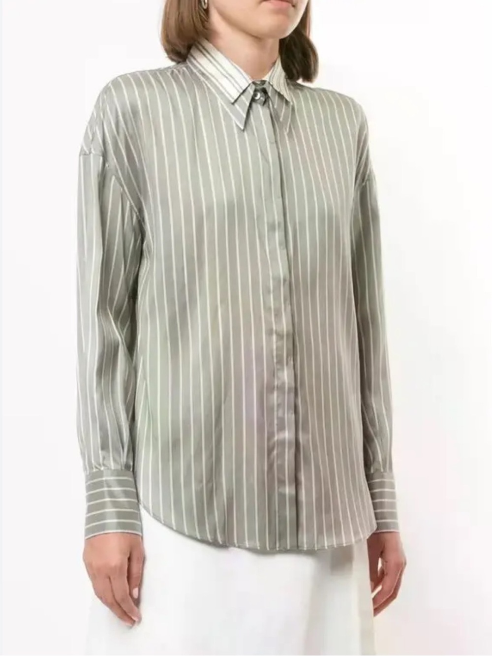 Brunello Cucinelli Women’s 100% Silk Sage Green Striped Button-Up Dress Shirt L